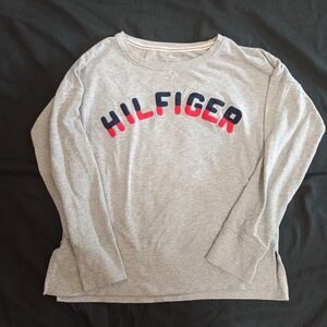 Tommy Hilfiger Spellout Chenille Patch Grey Pullover Sweatshirt Size S Small
